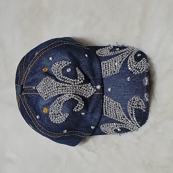 Fluer de Lis Dark Blue Denim Distressed Ladies Baseball Hat - Picture 1 of 7